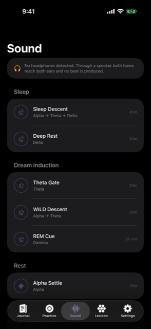The Sound tab, listing binaural tone programs